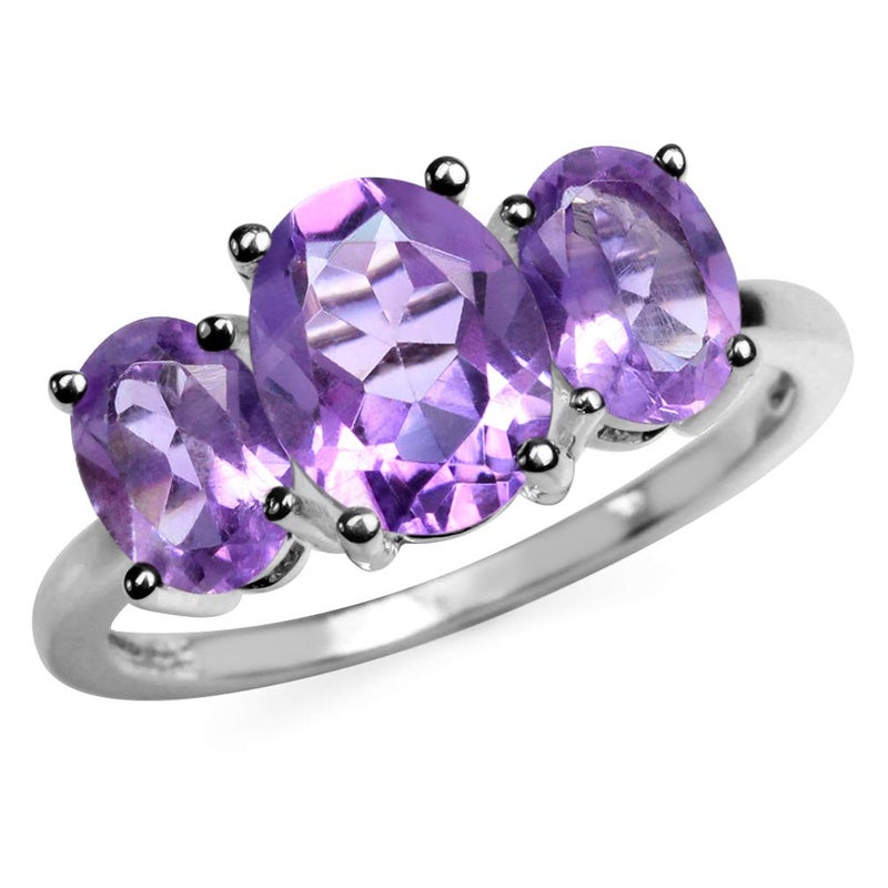Silvershake 3.17ct. 3 Stone Natural Oval Shape African Amethyst 925 Sterling Silver Ring Size 8 - Image 1